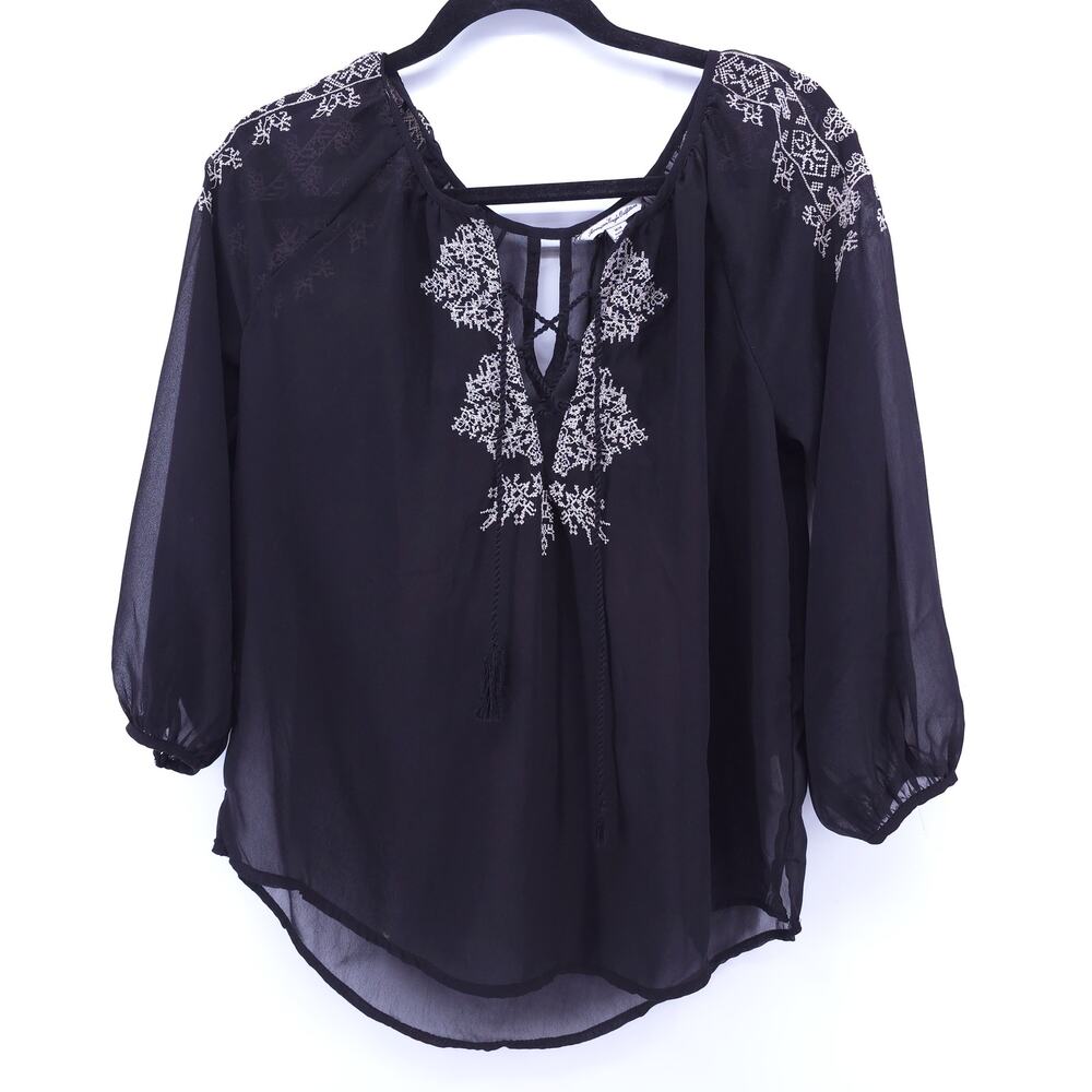AEO American Eagle Boho Peasant 70s Black Sheer Embroidered Blouse Rope Tassel M